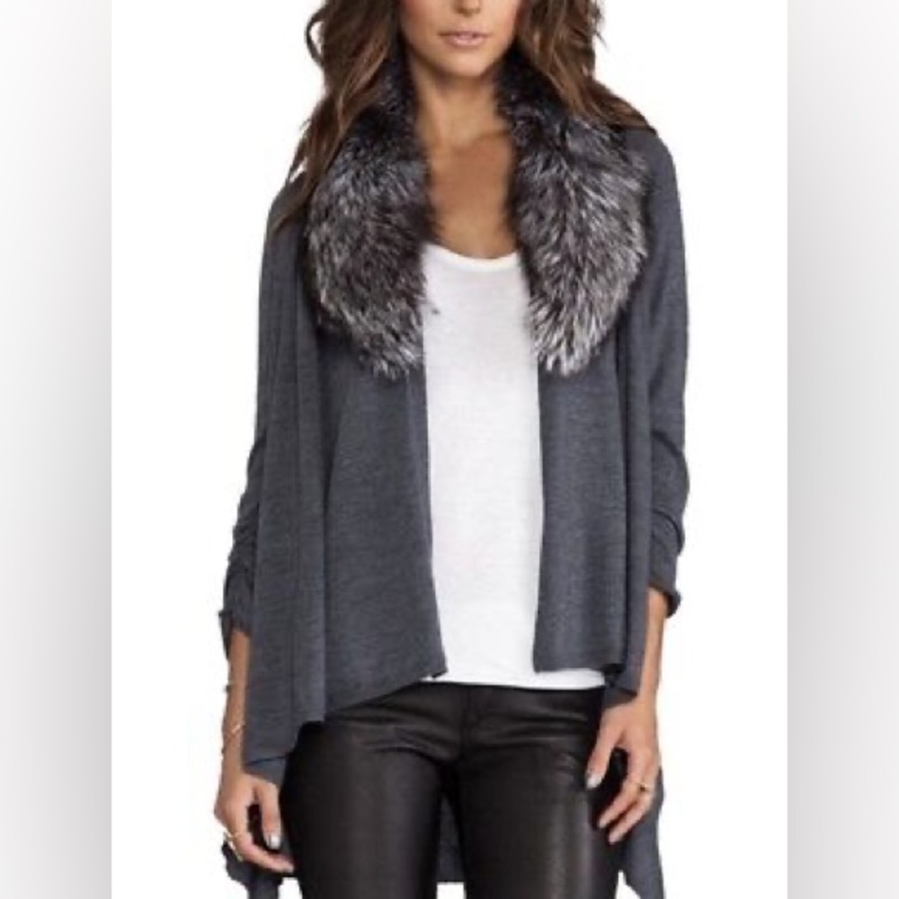 Alice and Olivia Fur Trim Cashmere Cardigan | Grey / XS